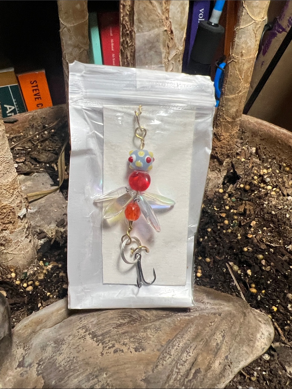Artisanal Red and Orange Bead Drop Fishing Lure with Iridescent Petal Accents